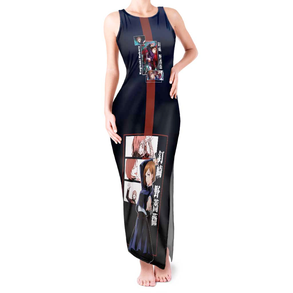 Nobara Kugisaki from Jujutsu Kaisen Tank Maxi Dress with Dark Blue and Red Background and Multiple Poses Design - The Mazicc