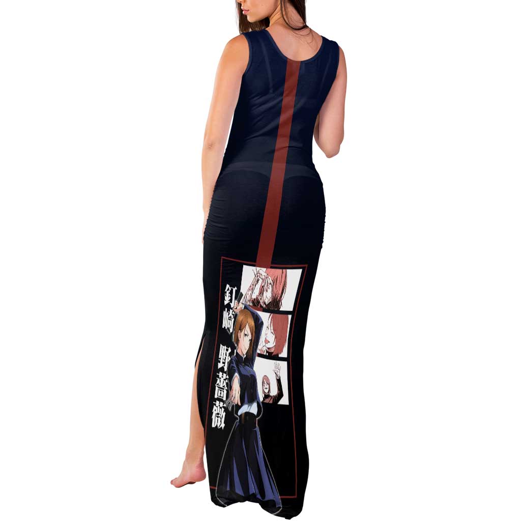 Nobara Kugisaki from Jujutsu Kaisen Tank Maxi Dress with Dark Blue and Red Background and Multiple Poses Design - The Mazicc