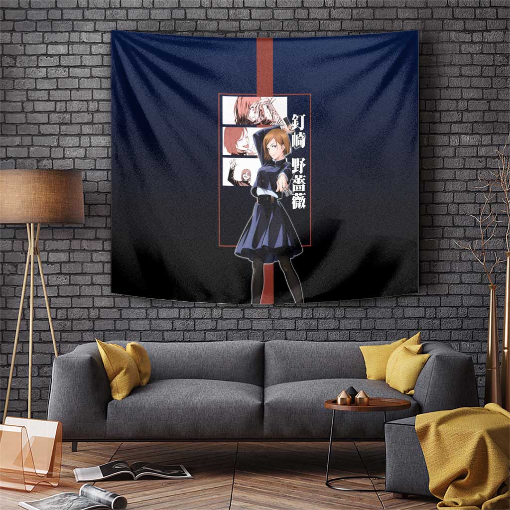 Nobara Kugisaki from Jujutsu Kaisen Tapestry with Dark Blue and Red Background and Multiple Poses Design - The Mazicc