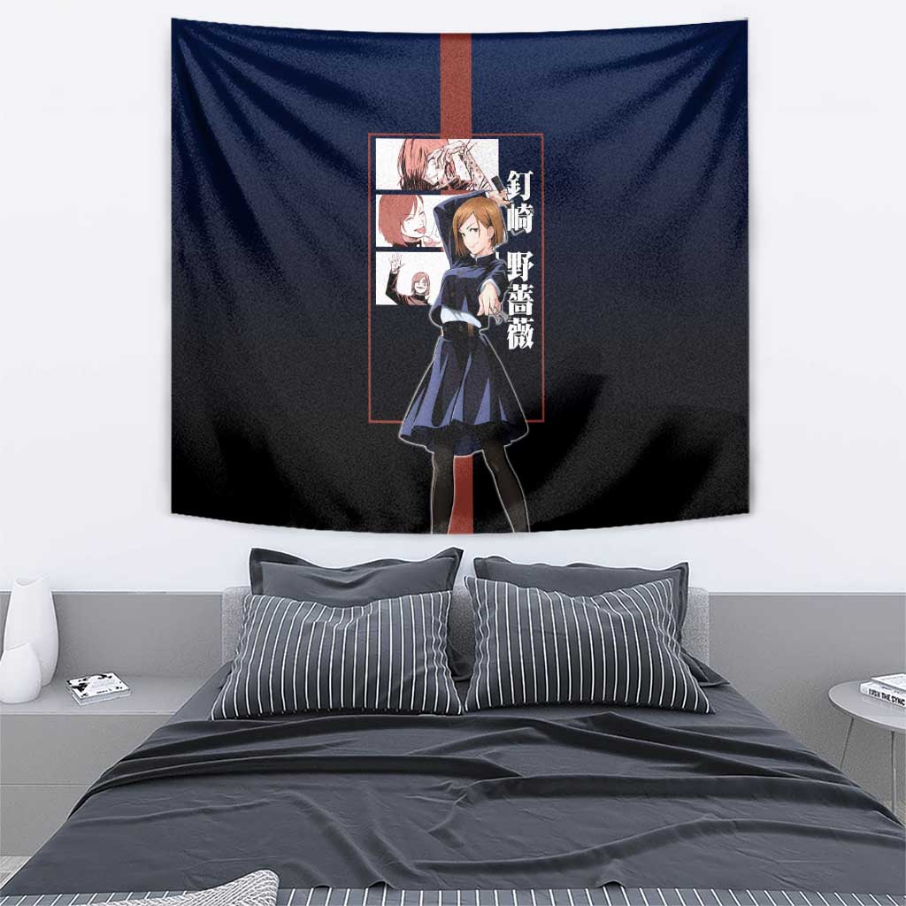 Nobara Kugisaki from Jujutsu Kaisen Tapestry with Dark Blue and Red Background and Multiple Poses Design - The Mazicc