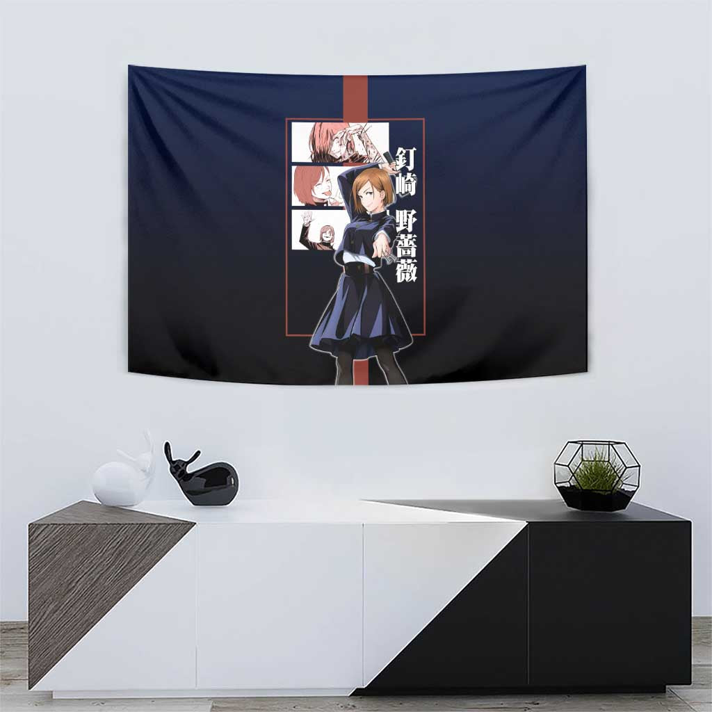 Nobara Kugisaki from Jujutsu Kaisen Tapestry with Dark Blue and Red Background and Multiple Poses Design - The Mazicc
