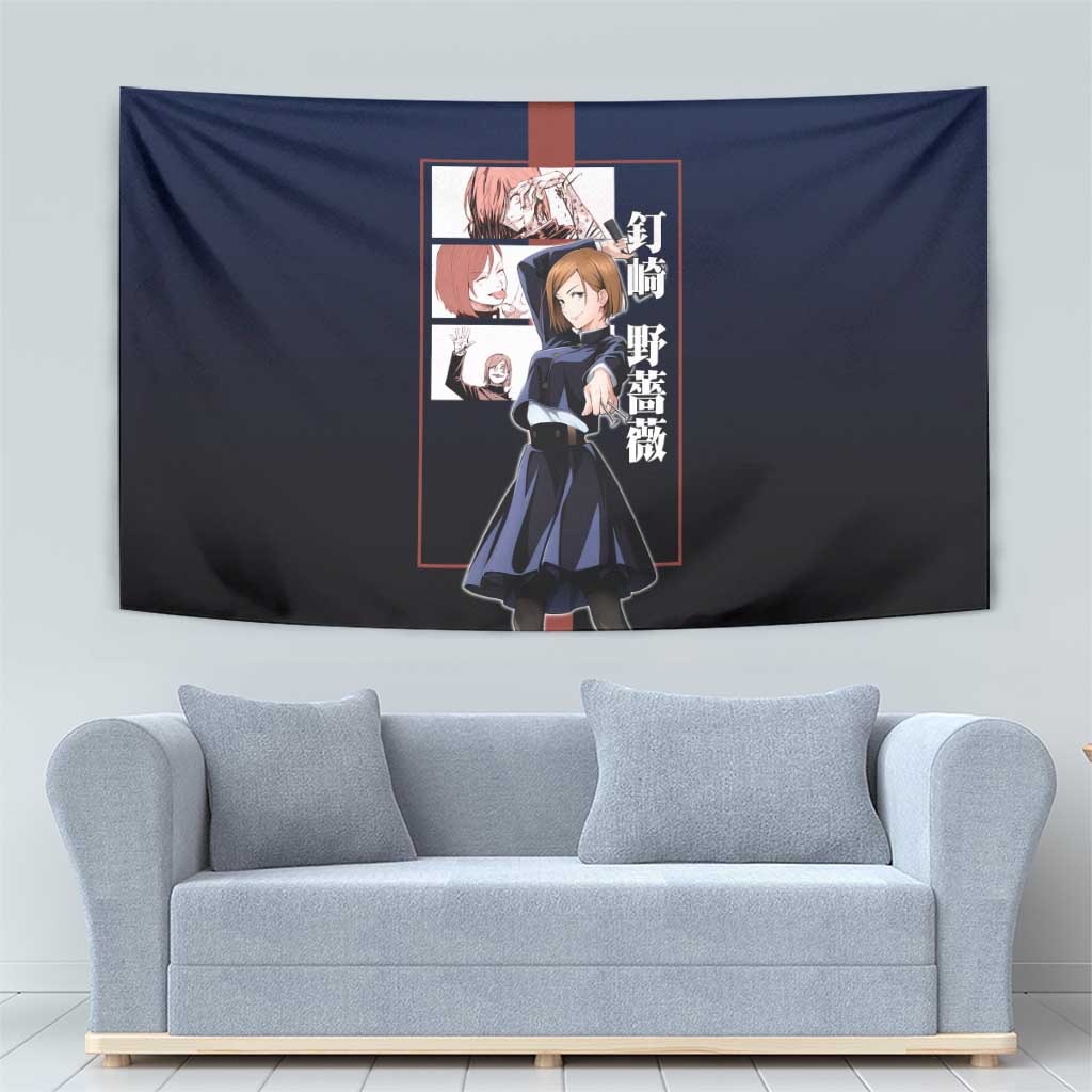 Nobara Kugisaki from Jujutsu Kaisen Tapestry with Dark Blue and Red Background and Multiple Poses Design - The Mazicc