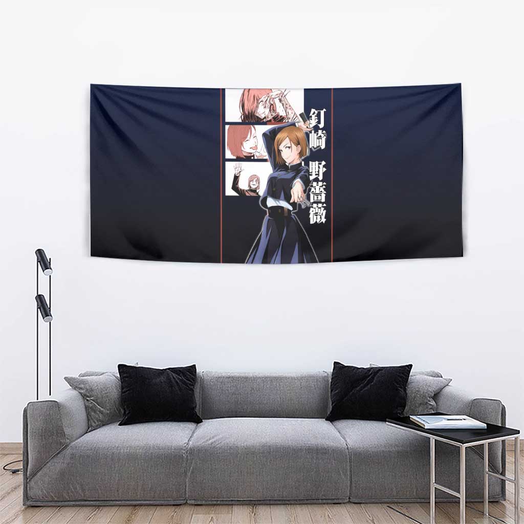 Nobara Kugisaki from Jujutsu Kaisen Tapestry with Dark Blue and Red Background and Multiple Poses Design - The Mazicc