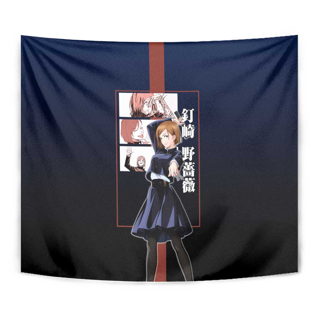 Nobara Kugisaki from Jujutsu Kaisen Tapestry with Dark Blue and Red Background and Multiple Poses Design - The Mazicc