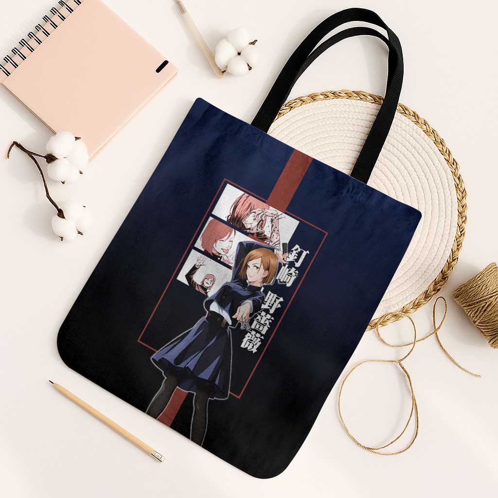 Nobara Kugisaki from Jujutsu Kaisen Tote Bag with Dark Blue and Red Background and Multiple Poses Design - The Mazicc