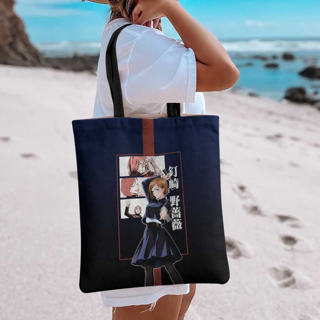 Nobara Kugisaki from Jujutsu Kaisen Tote Bag with Dark Blue and Red Background and Multiple Poses Design - The Mazicc