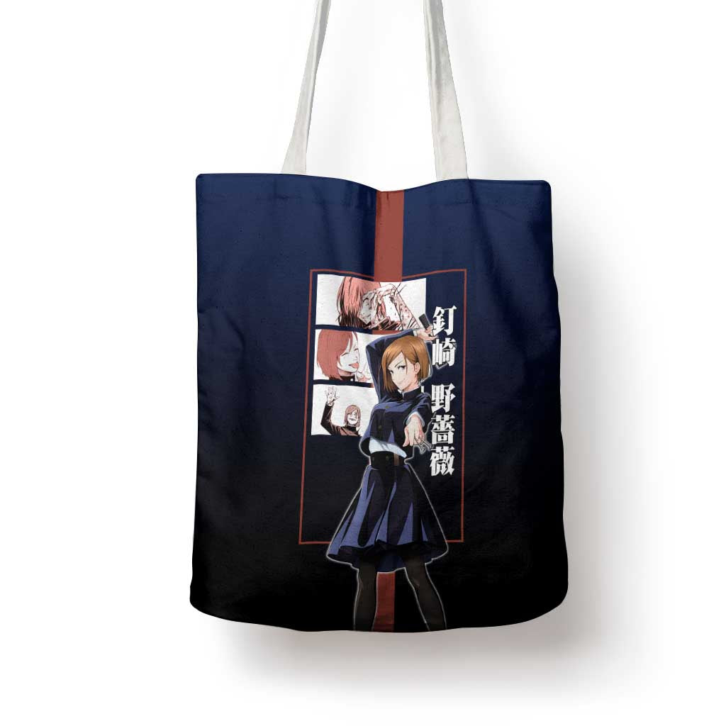 Nobara Kugisaki from Jujutsu Kaisen Tote Bag with Dark Blue and Red Background and Multiple Poses Design - The Mazicc