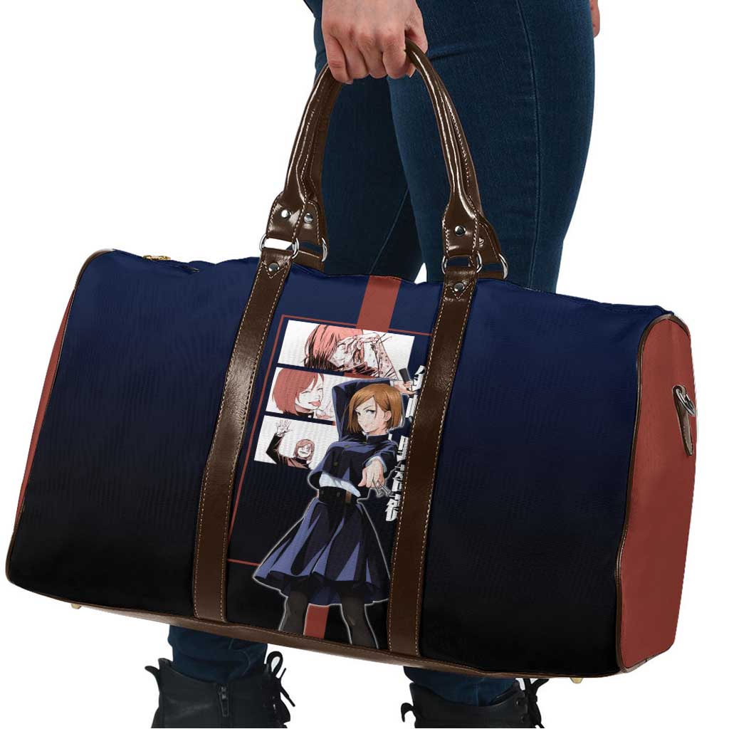 Nobara Kugisaki from Jujutsu Kaisen Travel Bag with Dark Blue and Red Background and Multiple Poses Design - The Mazicc