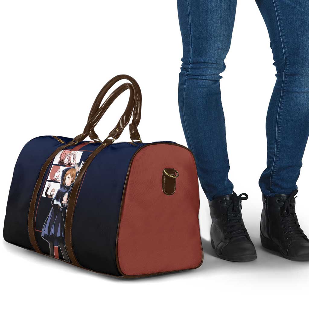 Nobara Kugisaki from Jujutsu Kaisen Travel Bag with Dark Blue and Red Background and Multiple Poses Design - The Mazicc