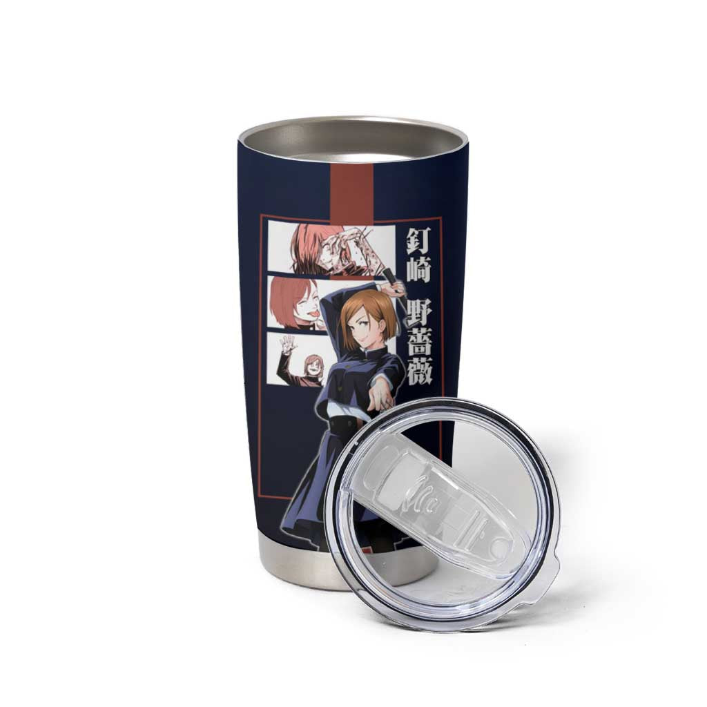Nobara Kugisaki from Jujutsu Kaisen Tumbler Cup with Dark Blue and Red Background and Multiple Poses Design - The Mazicc