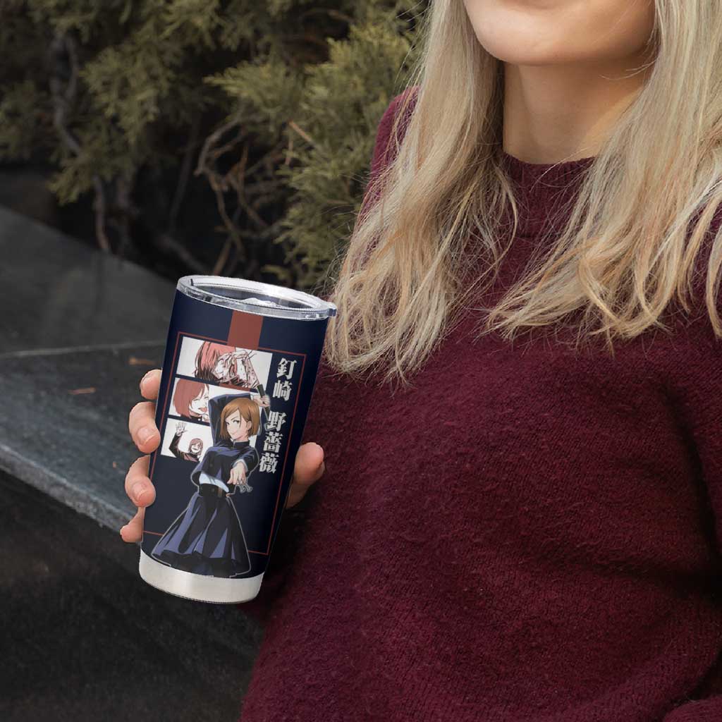 Nobara Kugisaki from Jujutsu Kaisen Tumbler Cup with Dark Blue and Red Background and Multiple Poses Design - The Mazicc