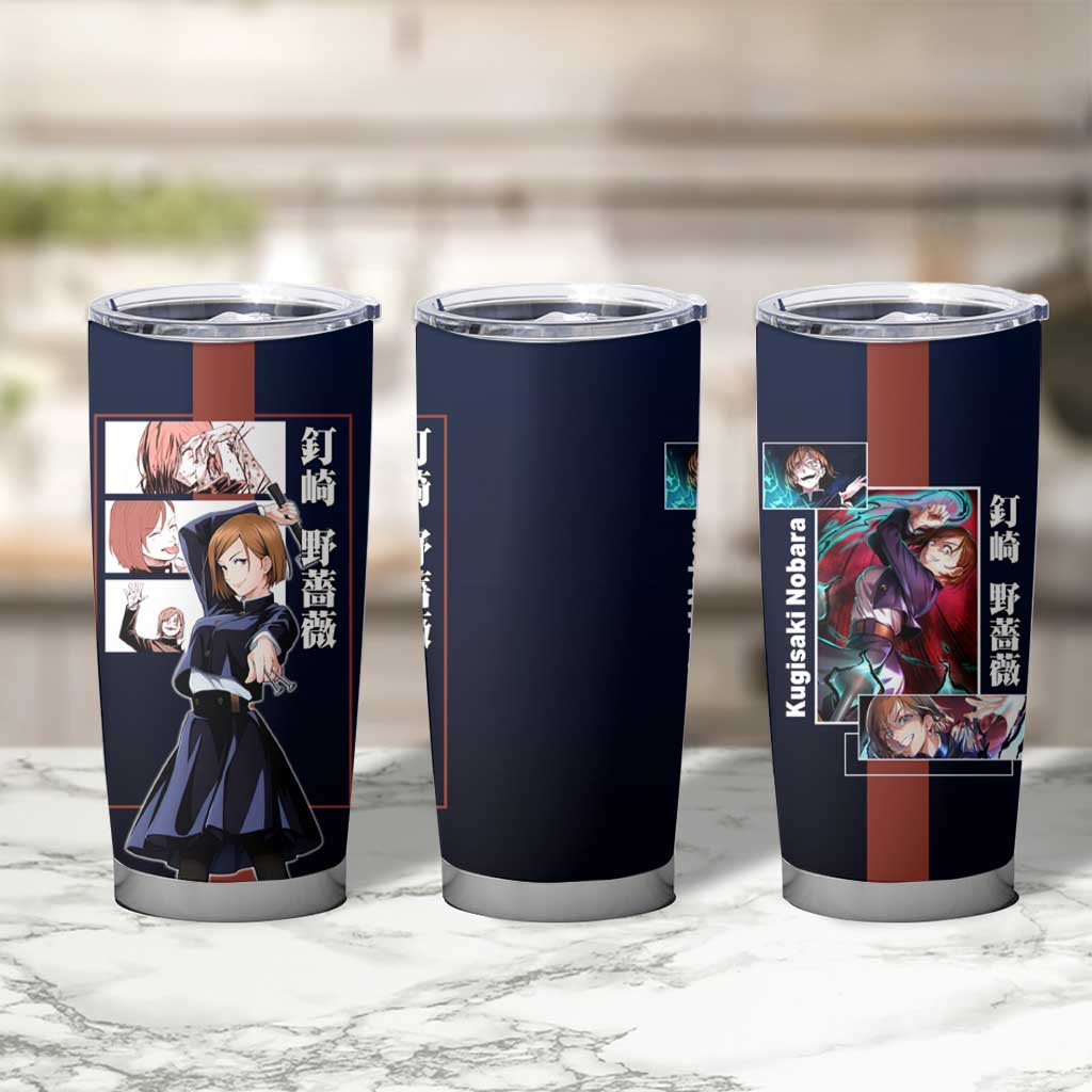 Nobara Kugisaki from Jujutsu Kaisen Tumbler Cup with Dark Blue and Red Background and Multiple Poses Design - The Mazicc