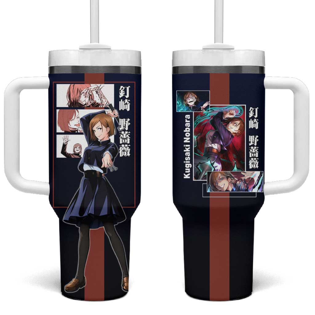 Nobara Kugisaki from Jujutsu Kaisen Tumbler With Handle with Dark Blue and Red Background and Multiple Poses Design - The Mazicc