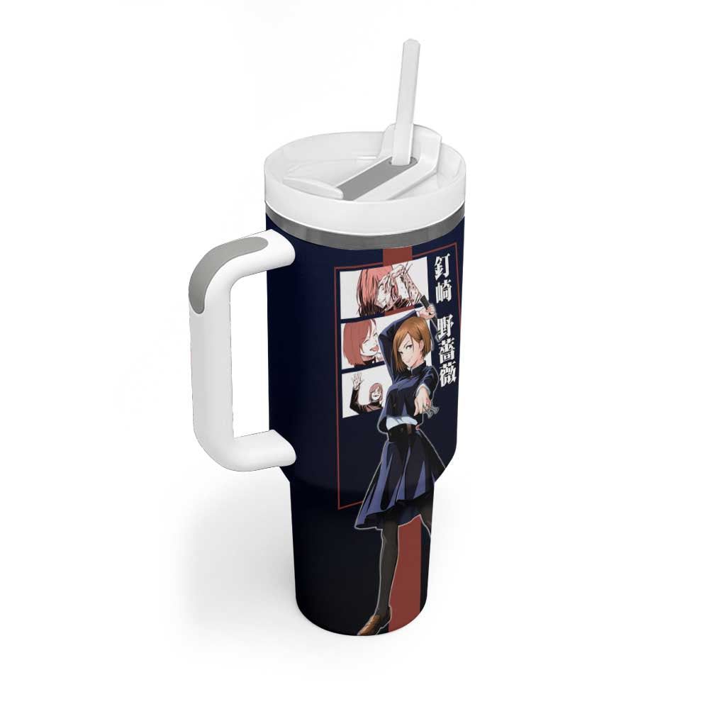 Nobara Kugisaki from Jujutsu Kaisen Tumbler With Handle with Dark Blue and Red Background and Multiple Poses Design - The Mazicc