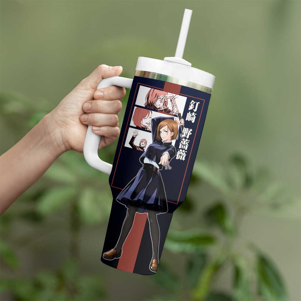 Nobara Kugisaki from Jujutsu Kaisen Tumbler With Handle with Dark Blue and Red Background and Multiple Poses Design - The Mazicc