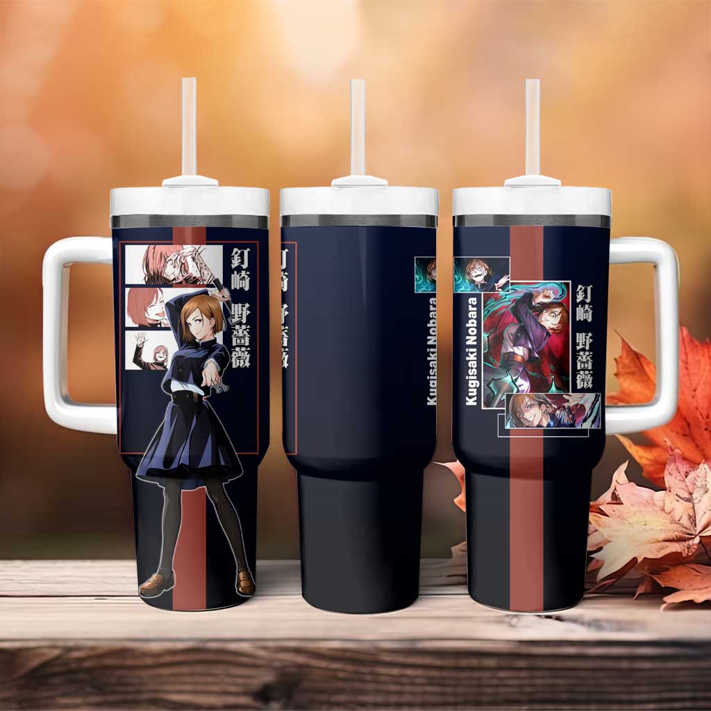 Nobara Kugisaki from Jujutsu Kaisen Tumbler With Handle with Dark Blue and Red Background and Multiple Poses Design - The Mazicc