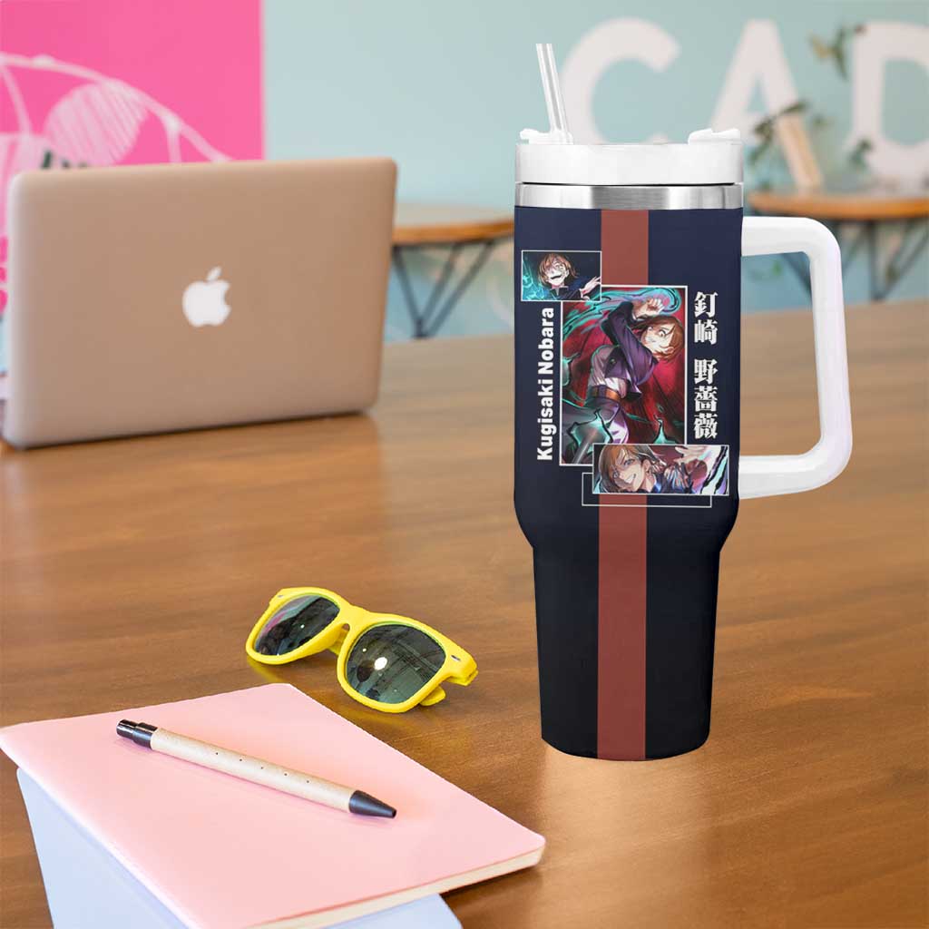 Nobara Kugisaki from Jujutsu Kaisen Tumbler With Handle with Dark Blue and Red Background and Multiple Poses Design - The Mazicc