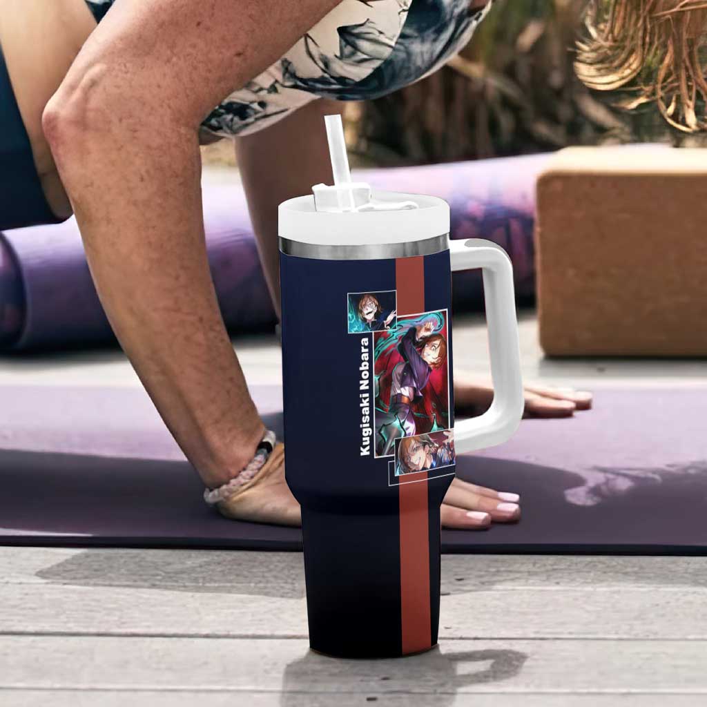 Nobara Kugisaki from Jujutsu Kaisen Tumbler With Handle with Dark Blue and Red Background and Multiple Poses Design - The Mazicc