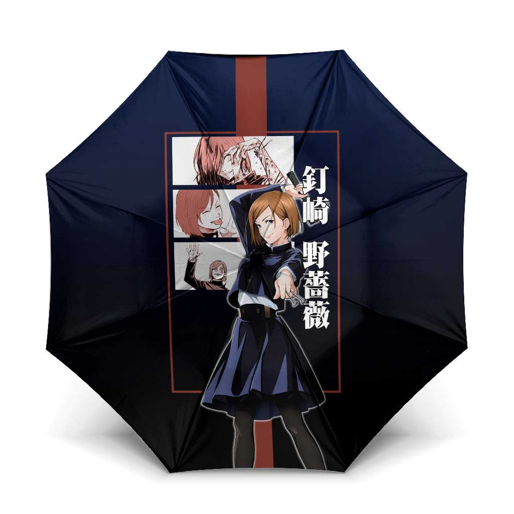 Nobara Kugisaki from Jujutsu Kaisen Umbrella with Dark Blue and Red Background and Multiple Poses Design - The Mazicc