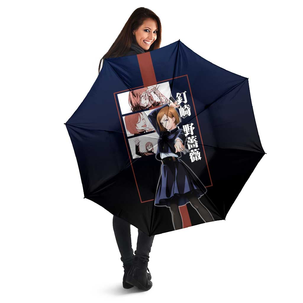 Nobara Kugisaki from Jujutsu Kaisen Umbrella with Dark Blue and Red Background and Multiple Poses Design - The Mazicc