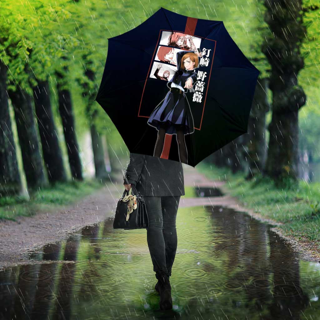 Nobara Kugisaki from Jujutsu Kaisen Umbrella with Dark Blue and Red Background and Multiple Poses Design - The Mazicc