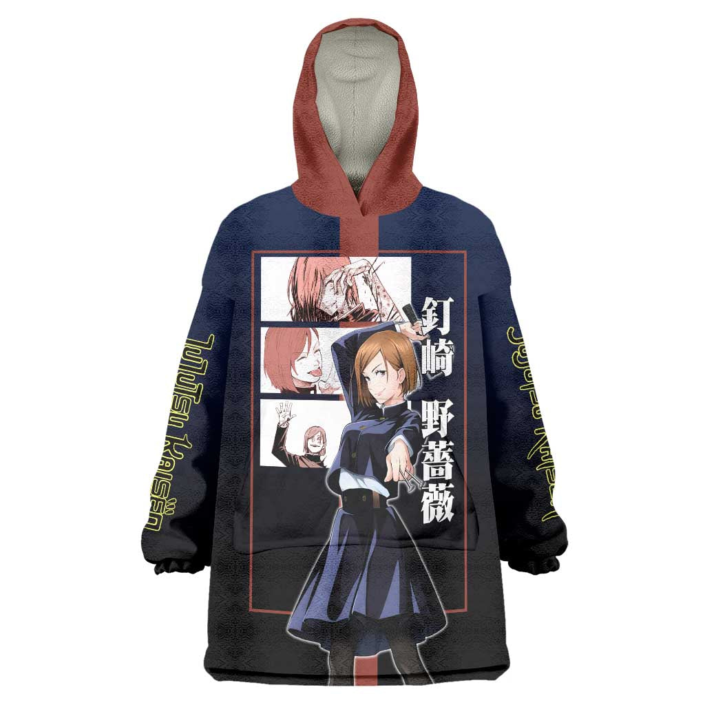 Nobara Kugisaki from Jujutsu Kaisen Wearable Blanket Hoodie with Dark Blue and Red Background and Multiple Poses Design - The Mazicc