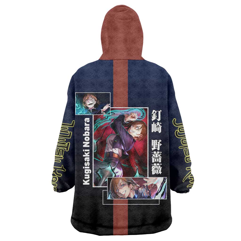 Nobara Kugisaki from Jujutsu Kaisen Wearable Blanket Hoodie with Dark Blue and Red Background and Multiple Poses Design - The Mazicc