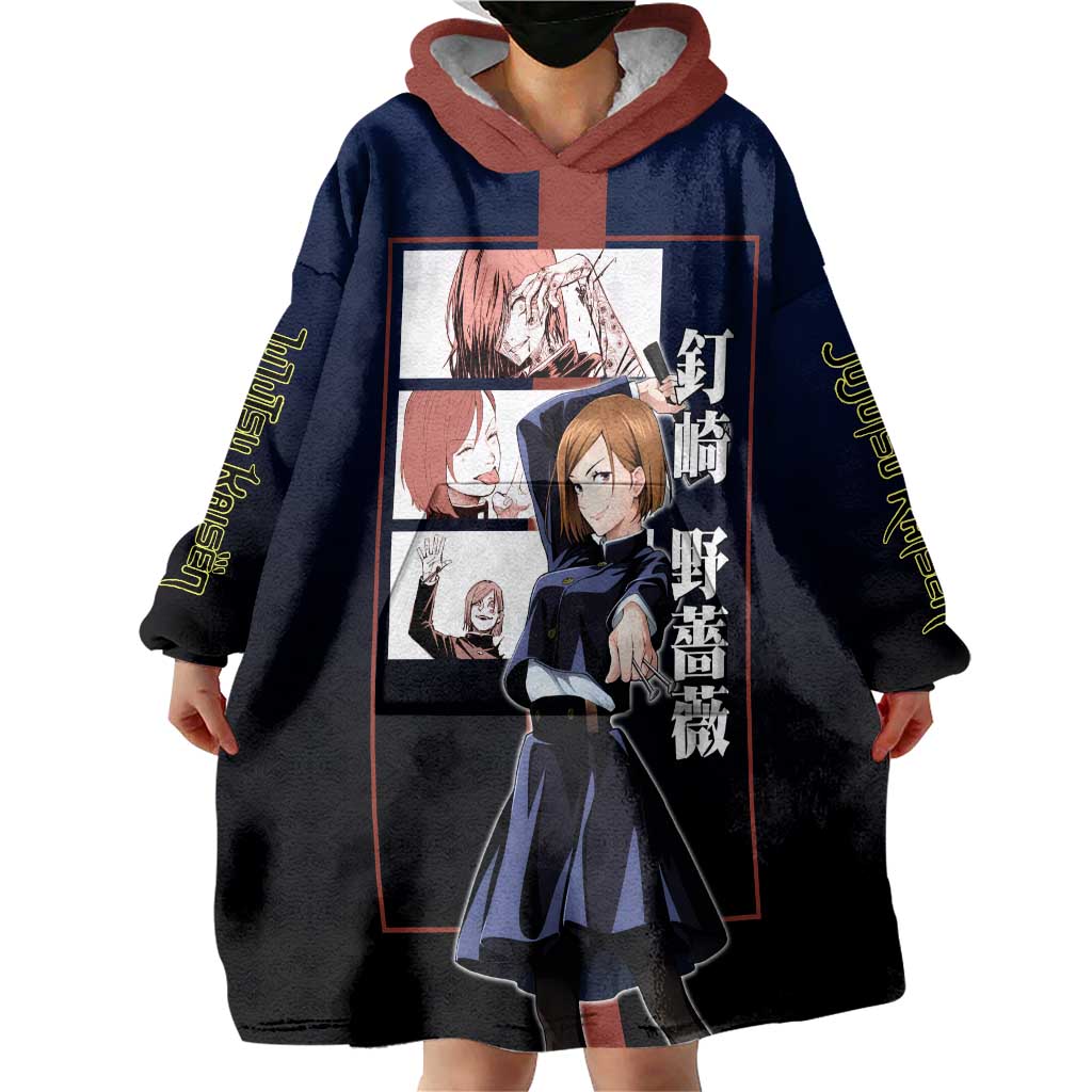 Nobara Kugisaki from Jujutsu Kaisen Wearable Blanket Hoodie with Dark Blue and Red Background and Multiple Poses Design - The Mazicc