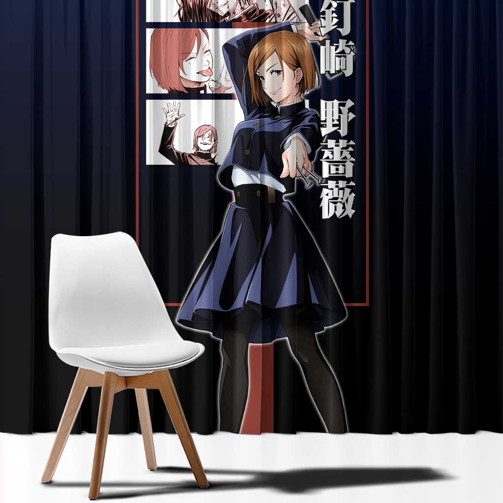 Nobara Kugisaki from Jujutsu Kaisen Window Curtain with Dark Blue and Red Background and Multiple Poses Design - The Mazicc