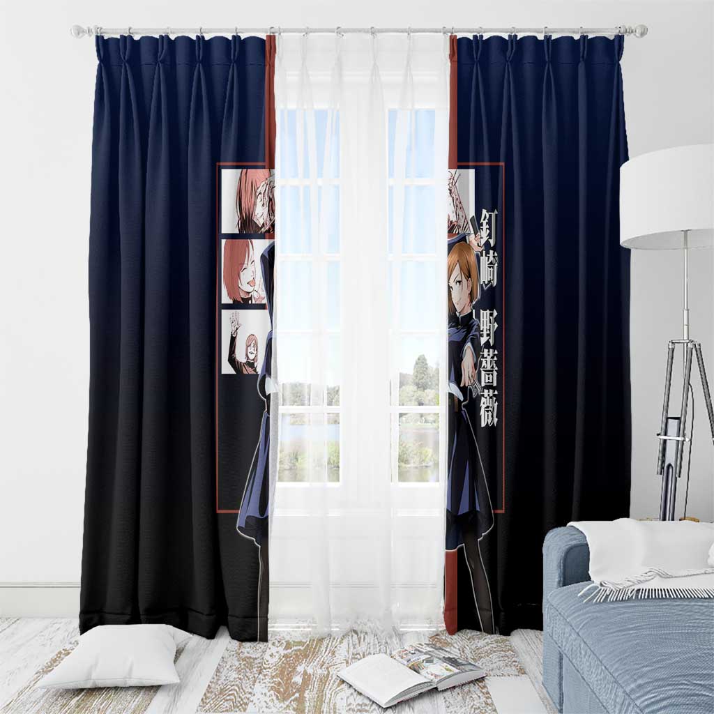 Nobara Kugisaki from Jujutsu Kaisen Window Curtain with Dark Blue and Red Background and Multiple Poses Design - The Mazicc