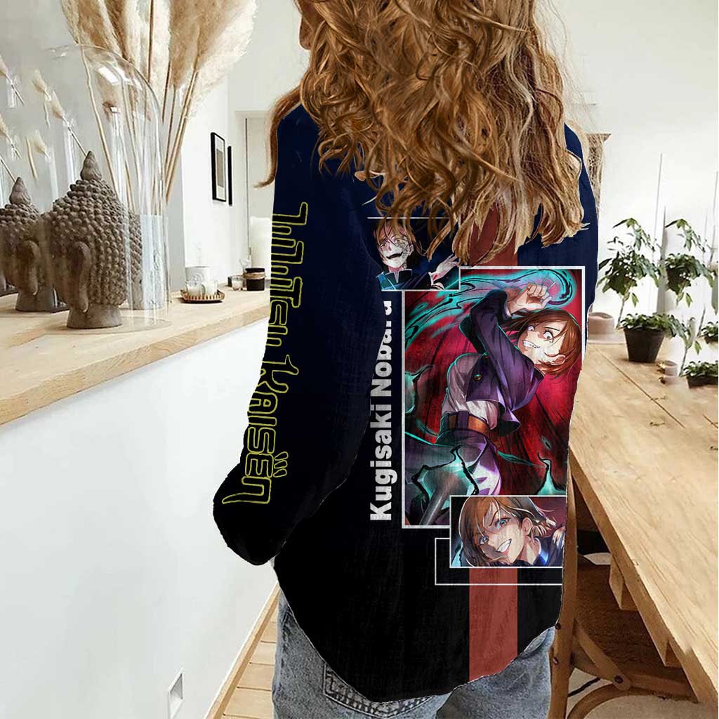 Nobara Kugisaki from Jujutsu Kaisen Women Casual Shirt with Dark Blue and Red Background and Multiple Poses Design - The Mazicc