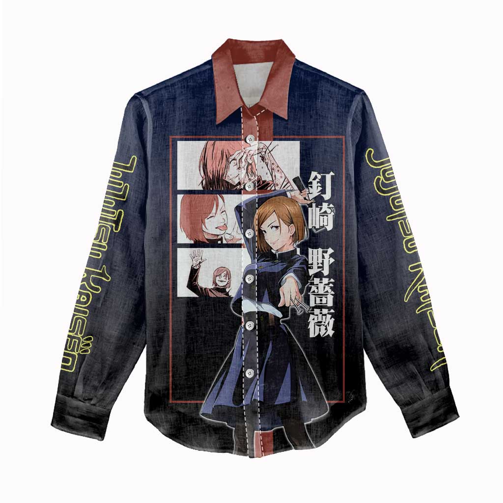 Nobara Kugisaki from Jujutsu Kaisen Women Casual Shirt with Dark Blue and Red Background and Multiple Poses Design - The Mazicc