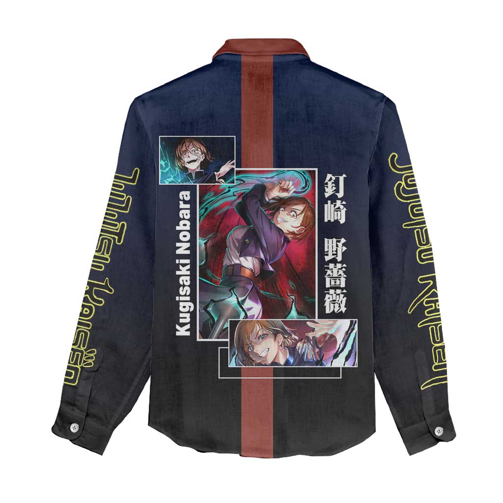 Nobara Kugisaki from Jujutsu Kaisen Women Casual Shirt with Dark Blue and Red Background and Multiple Poses Design - The Mazicc