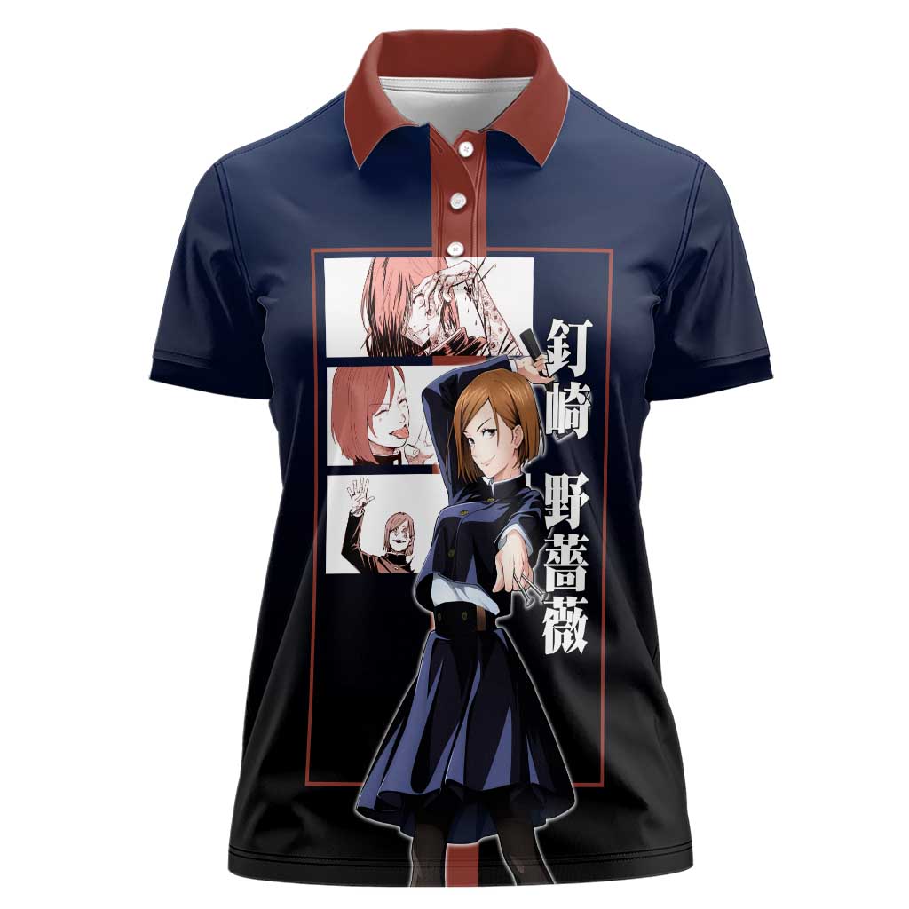 Nobara Kugisaki from Jujutsu Kaisen Women Polo Shirt with Dark Blue and Red Background and Multiple Poses Design - The Mazicc