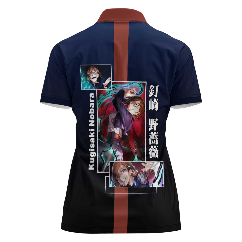 Nobara Kugisaki from Jujutsu Kaisen Women Polo Shirt with Dark Blue and Red Background and Multiple Poses Design - The Mazicc