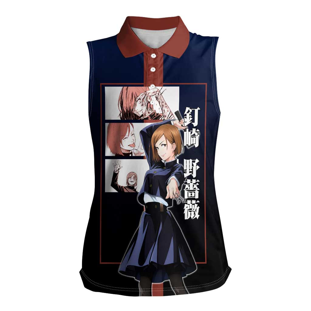 Nobara Kugisaki from Jujutsu Kaisen Women Sleeveless Polo Shirt with Dark Blue and Red Background and Multiple Poses Design - The Mazicc