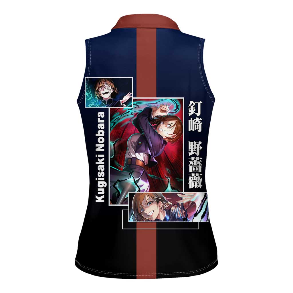 Nobara Kugisaki from Jujutsu Kaisen Women Sleeveless Polo Shirt with Dark Blue and Red Background and Multiple Poses Design - The Mazicc