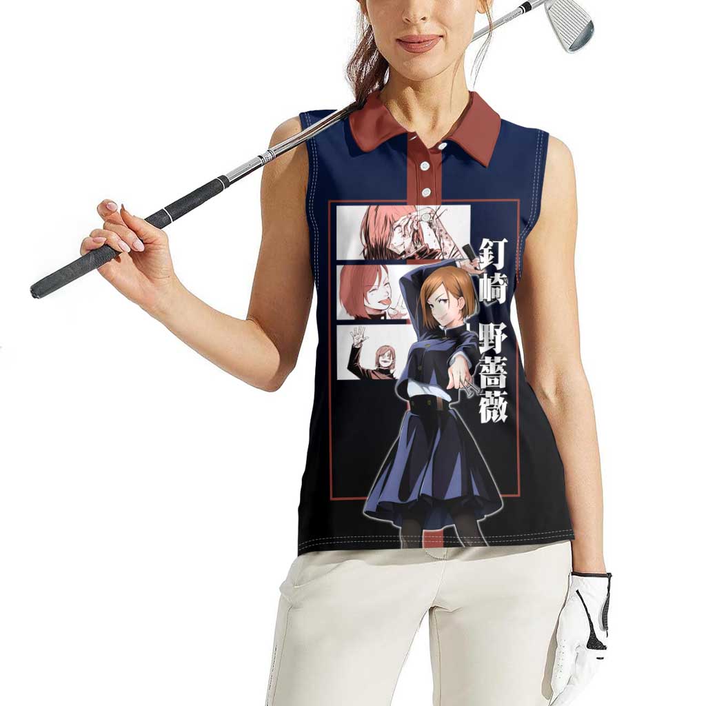 Nobara Kugisaki from Jujutsu Kaisen Women Sleeveless Polo Shirt with Dark Blue and Red Background and Multiple Poses Design - The Mazicc