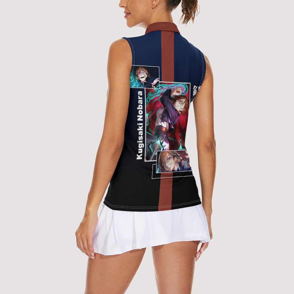 Nobara Kugisaki from Jujutsu Kaisen Women Sleeveless Polo Shirt with Dark Blue and Red Background and Multiple Poses Design - The Mazicc