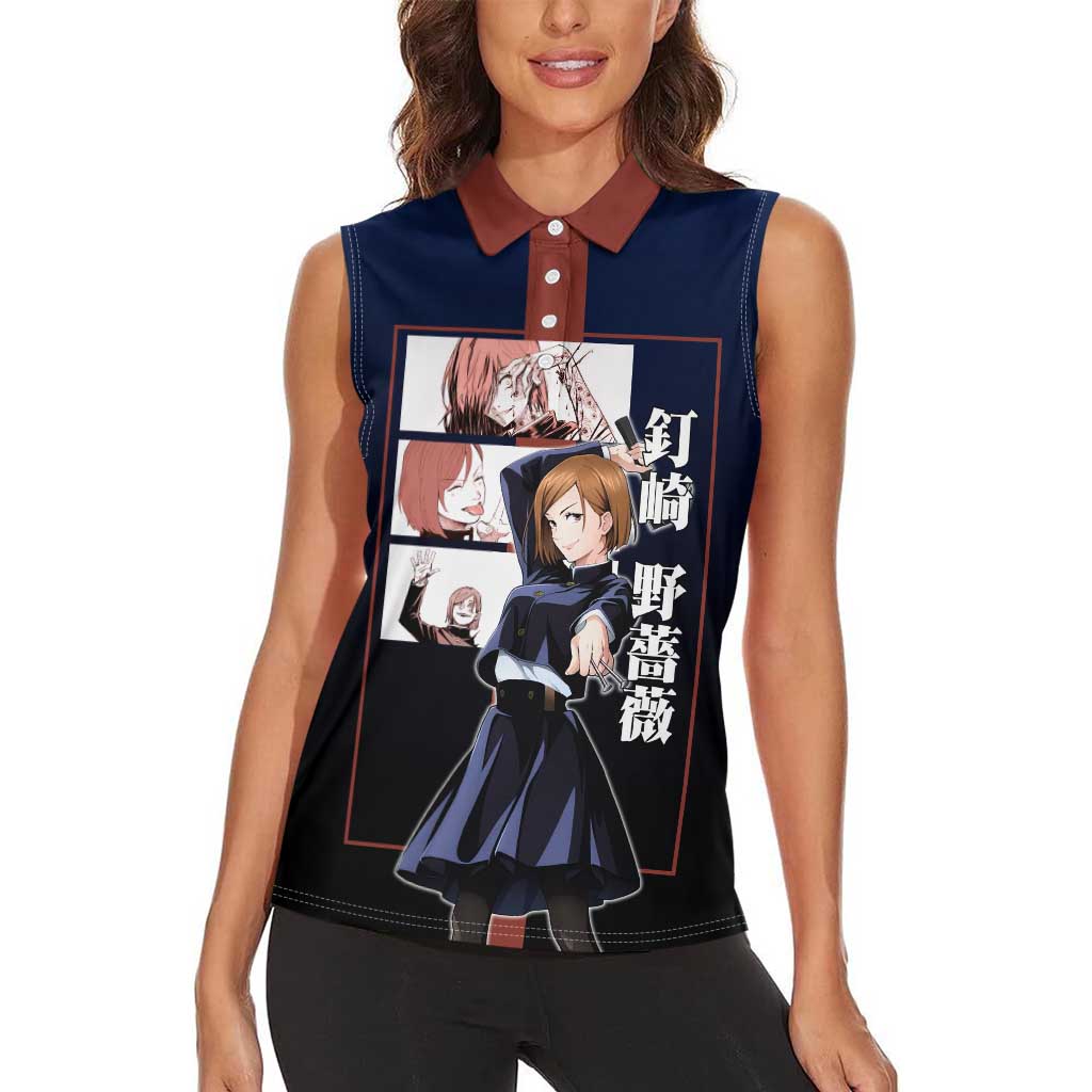 Nobara Kugisaki from Jujutsu Kaisen Women Sleeveless Polo Shirt with Dark Blue and Red Background and Multiple Poses Design - The Mazicc