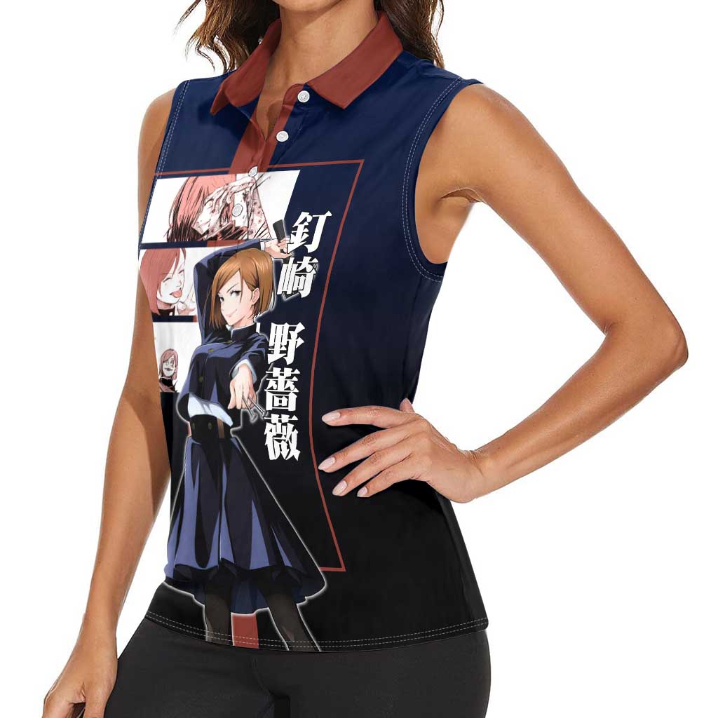 Nobara Kugisaki from Jujutsu Kaisen Women Sleeveless Polo Shirt with Dark Blue and Red Background and Multiple Poses Design - The Mazicc