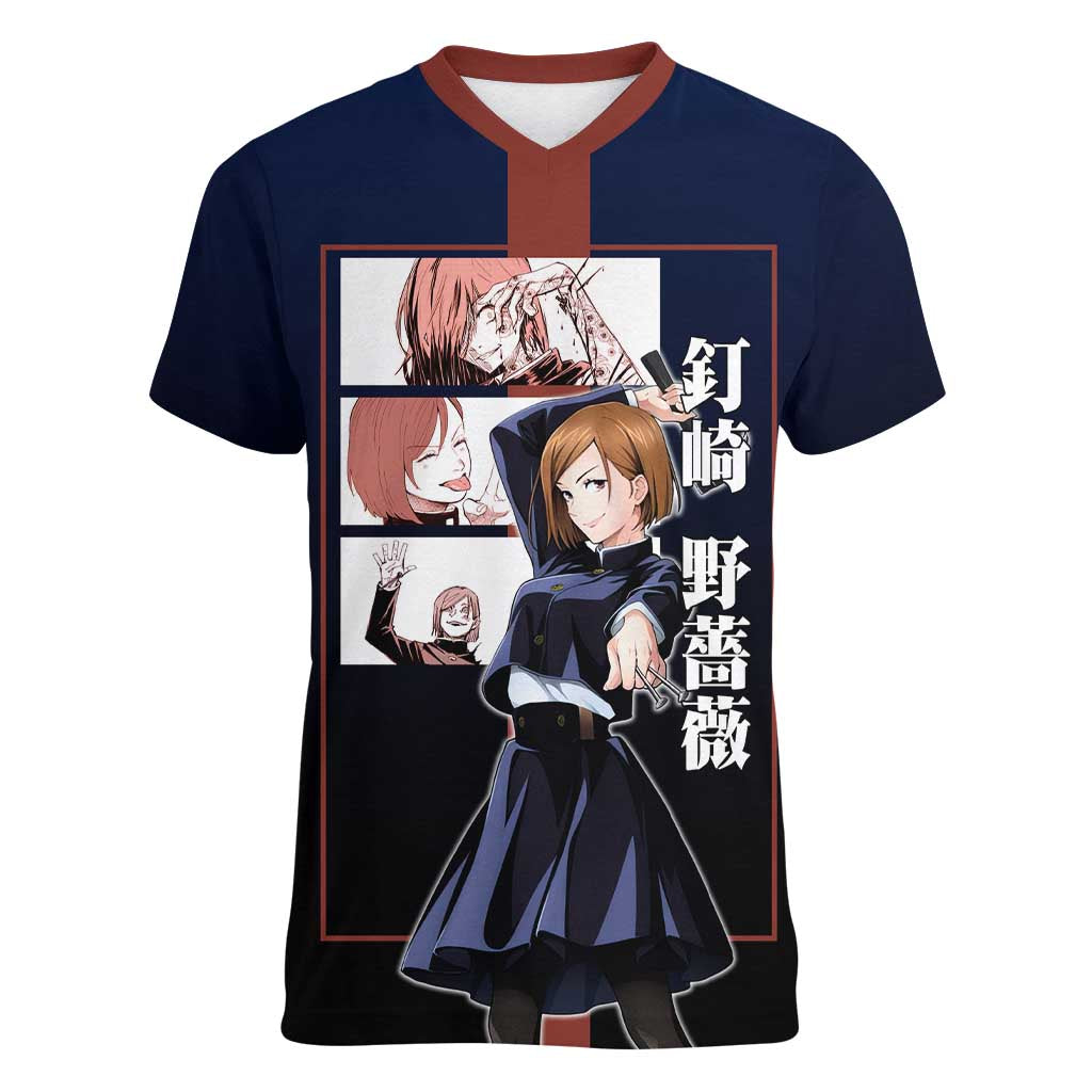 Nobara Kugisaki from Jujutsu Kaisen Women V-Neck T-Shirt with Dark Blue and Red Background and Multiple Poses Design - The Mazicc