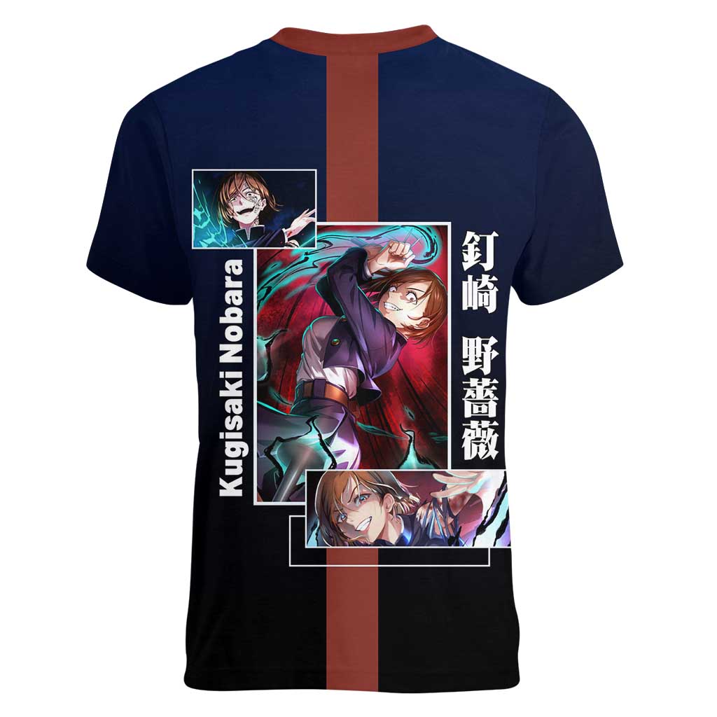 Nobara Kugisaki from Jujutsu Kaisen Women V-Neck T-Shirt with Dark Blue and Red Background and Multiple Poses Design - The Mazicc