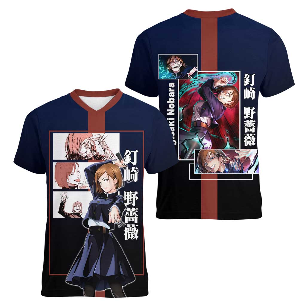 Nobara Kugisaki from Jujutsu Kaisen Women V-Neck T-Shirt with Dark Blue and Red Background and Multiple Poses Design - The Mazicc