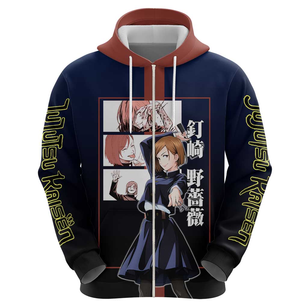 Nobara Kugisaki from Jujutsu Kaisen Zip Hoodie with Dark Blue and Red Background and Multiple Poses Design - The Mazicc