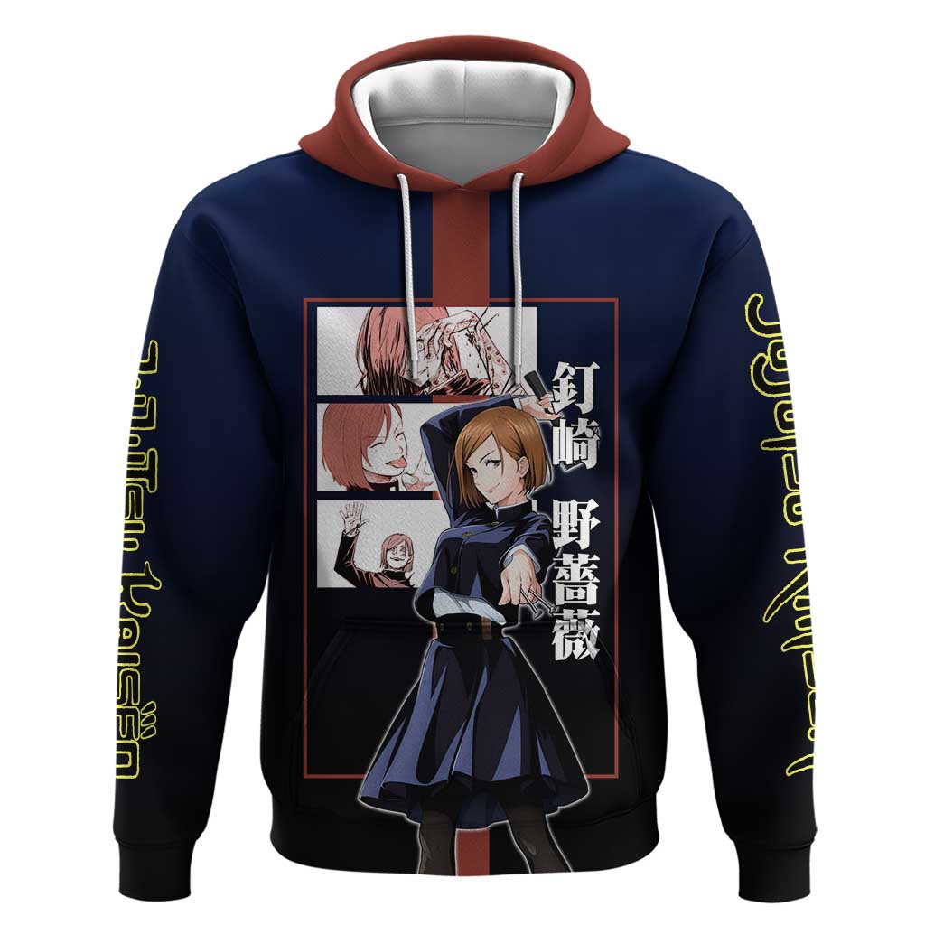Nobara Kugisaki from Jujutsu Kaisen Zip Hoodie with Dark Blue and Red Background and Multiple Poses Design - The Mazicc