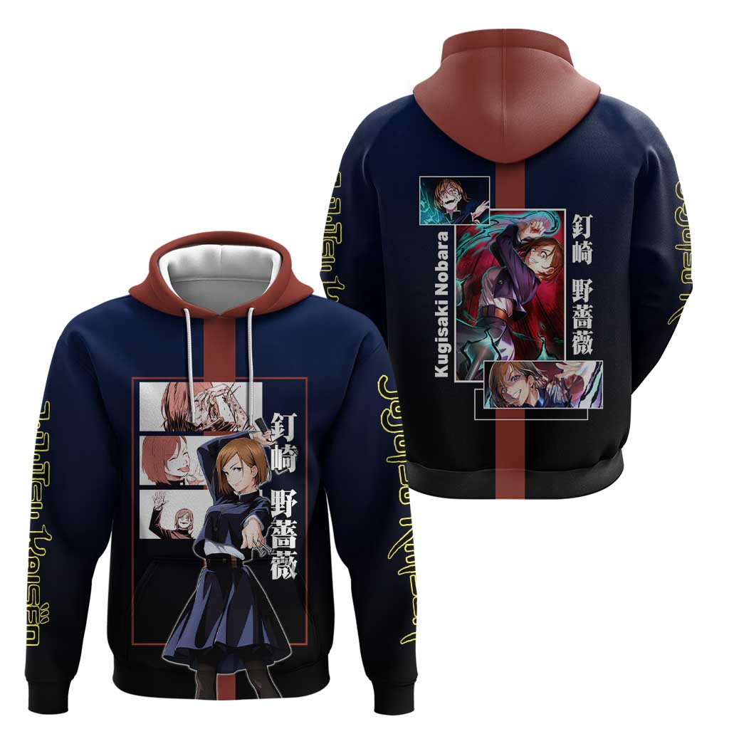 Nobara Kugisaki from Jujutsu Kaisen Zip Hoodie with Dark Blue and Red Background and Multiple Poses Design - The Mazicc