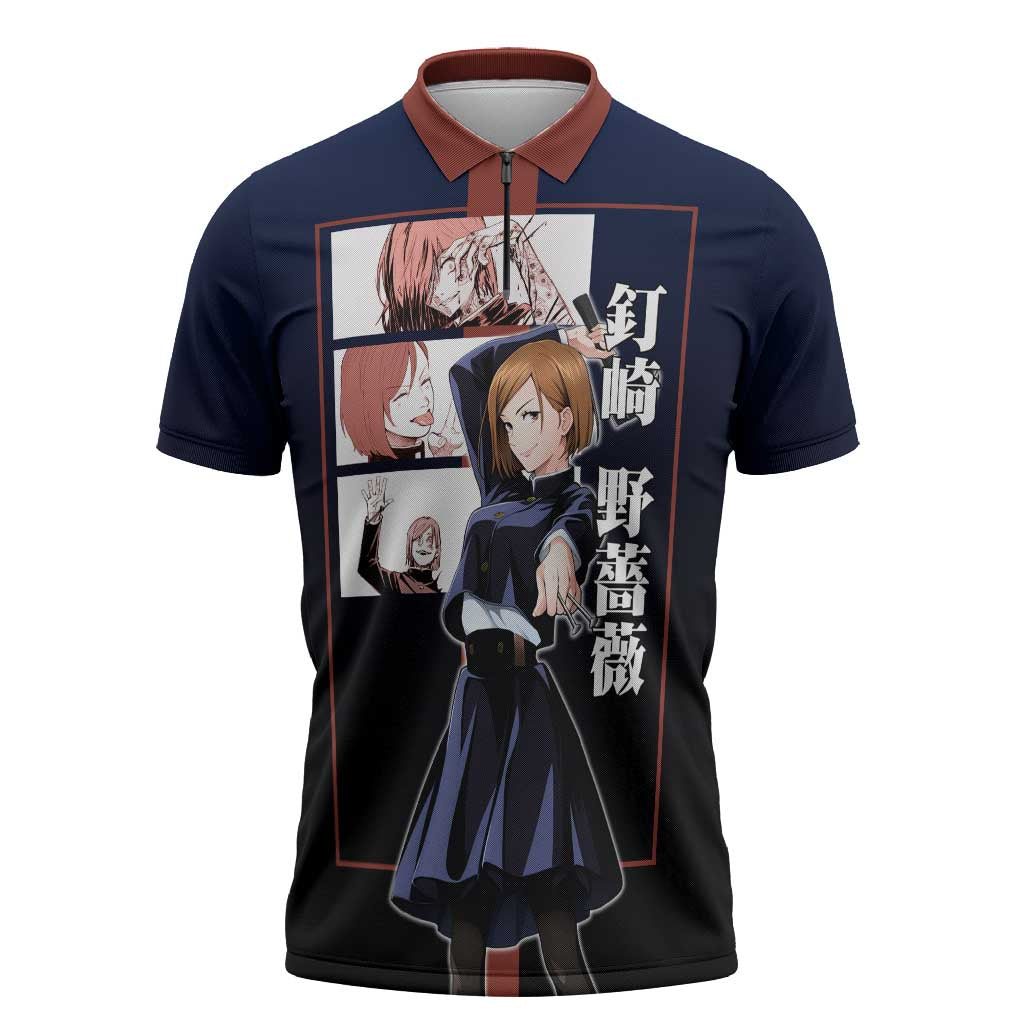 Nobara Kugisaki from Jujutsu Kaisen Zipper Polo Shirt with Dark Blue and Red Background and Multiple Poses Design - The Mazicc