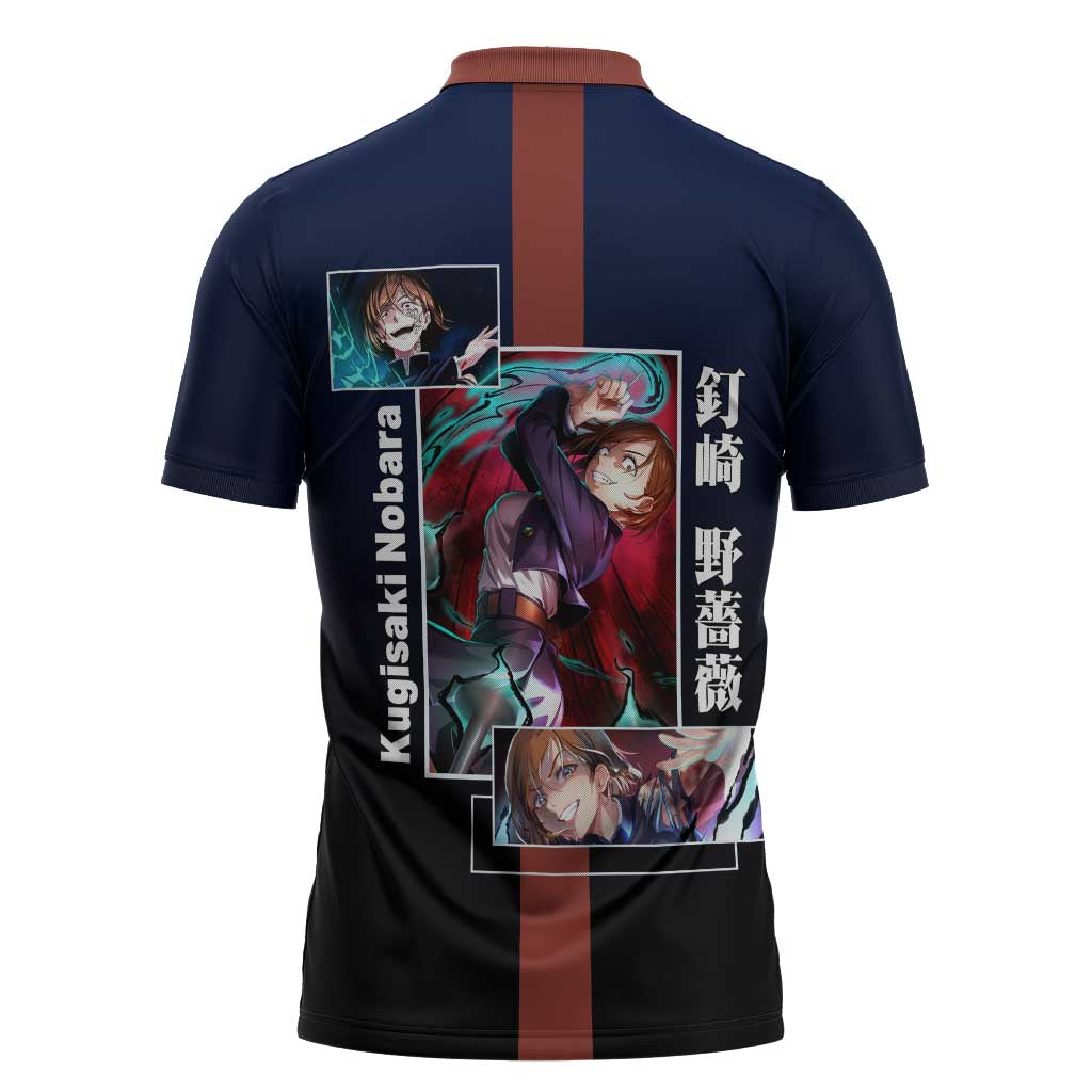 Nobara Kugisaki from Jujutsu Kaisen Zipper Polo Shirt with Dark Blue and Red Background and Multiple Poses Design - The Mazicc