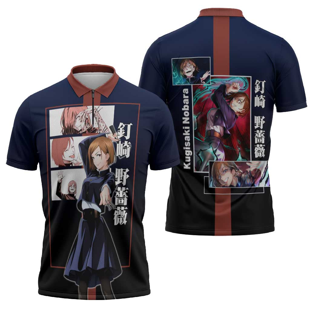 Nobara Kugisaki from Jujutsu Kaisen Zipper Polo Shirt with Dark Blue and Red Background and Multiple Poses Design - The Mazicc